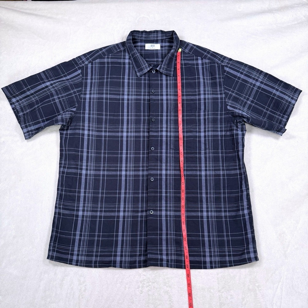 Uniqlo Navy Blue Plaid Linen Cotton Blend XL Short Sleeve Button Front Shirt - Picture 3 of 10